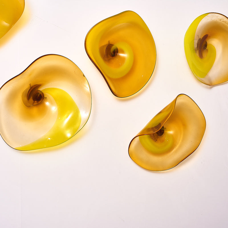 Hand Blown Glass Wall Plate Wall Art Wall Flower Home Decor Custom Made Amber Golden Set