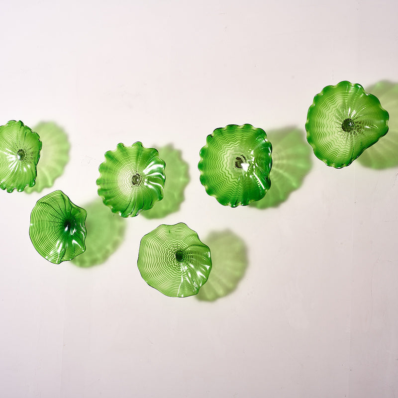Hand Blown Glass Wall Plate Wall Art Wall Flower Home Decor Custom Made Clear Green Set LRP007