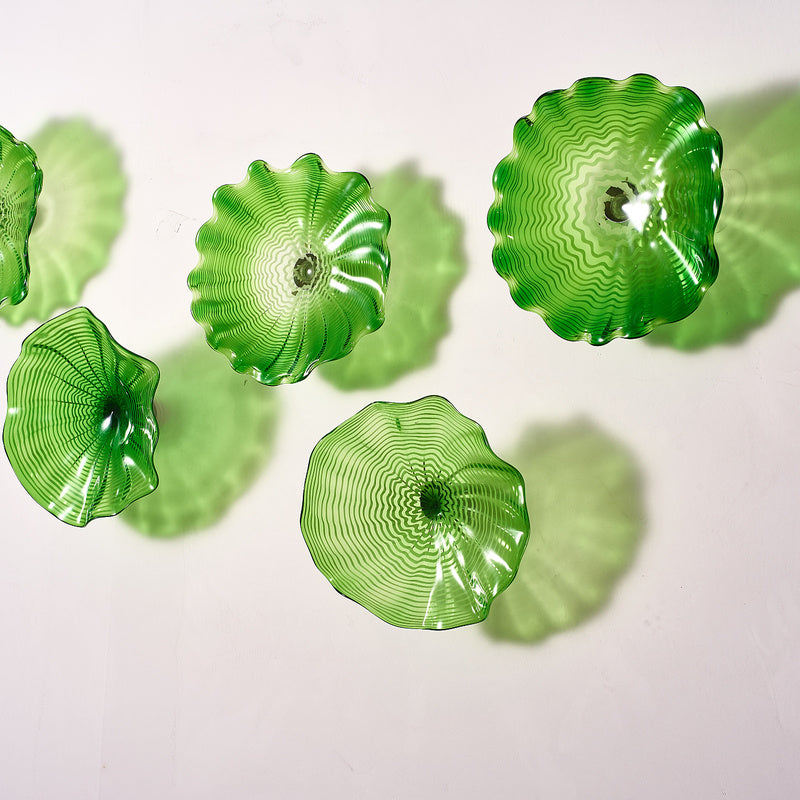 Hand Blown Glass Wall Plate Wall Art Wall Flower Home Decor Custom Made Clear Green Set LRP007
