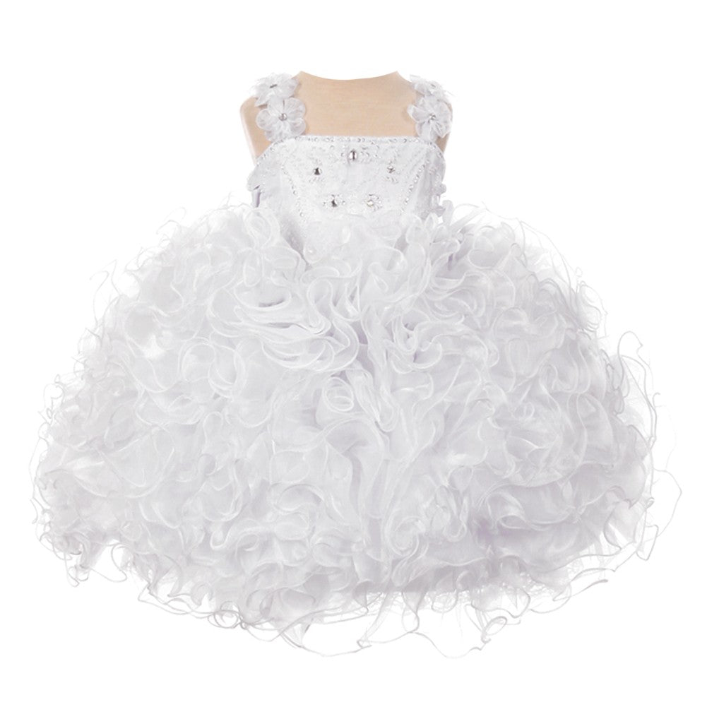 RainKids Little Girls White Beaded Cascade Ruffle Organza Pageant Dress 2-6