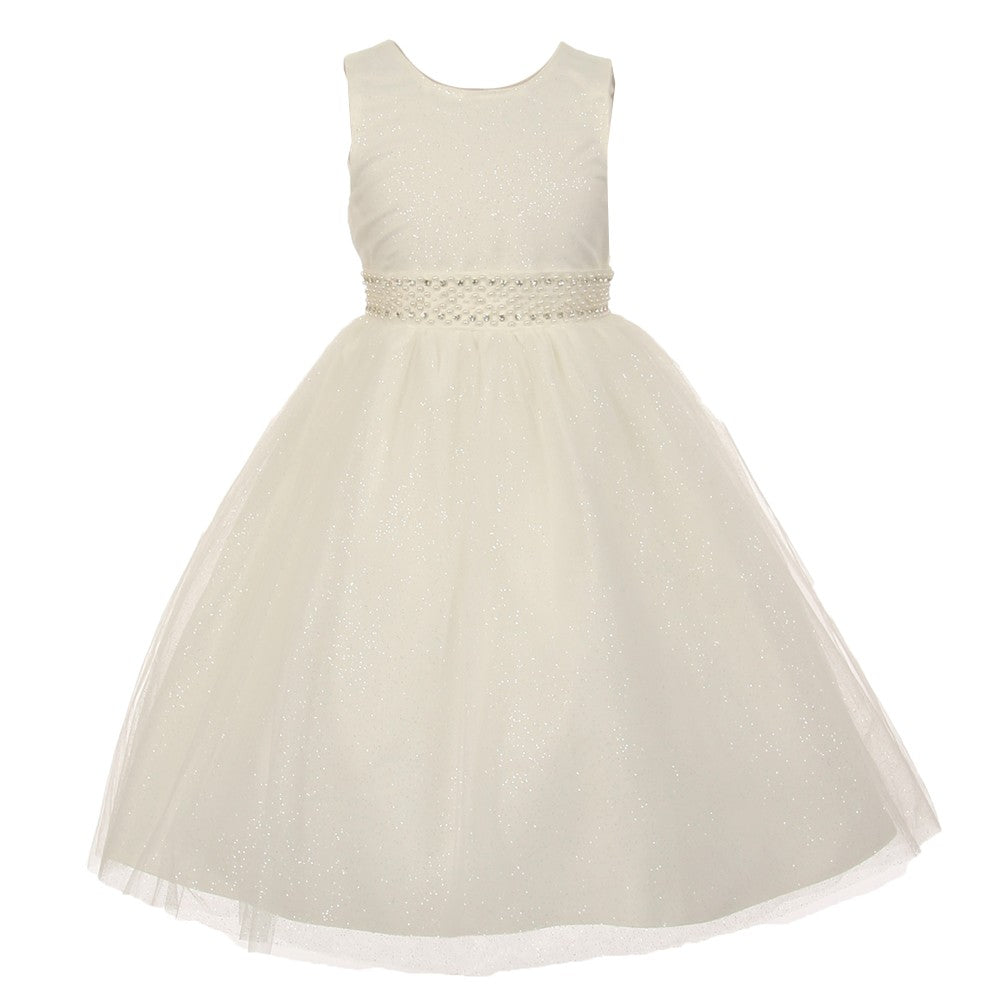 Little Girls Ivory Sparkly Tulle Pearls Occasion Dress 2-6