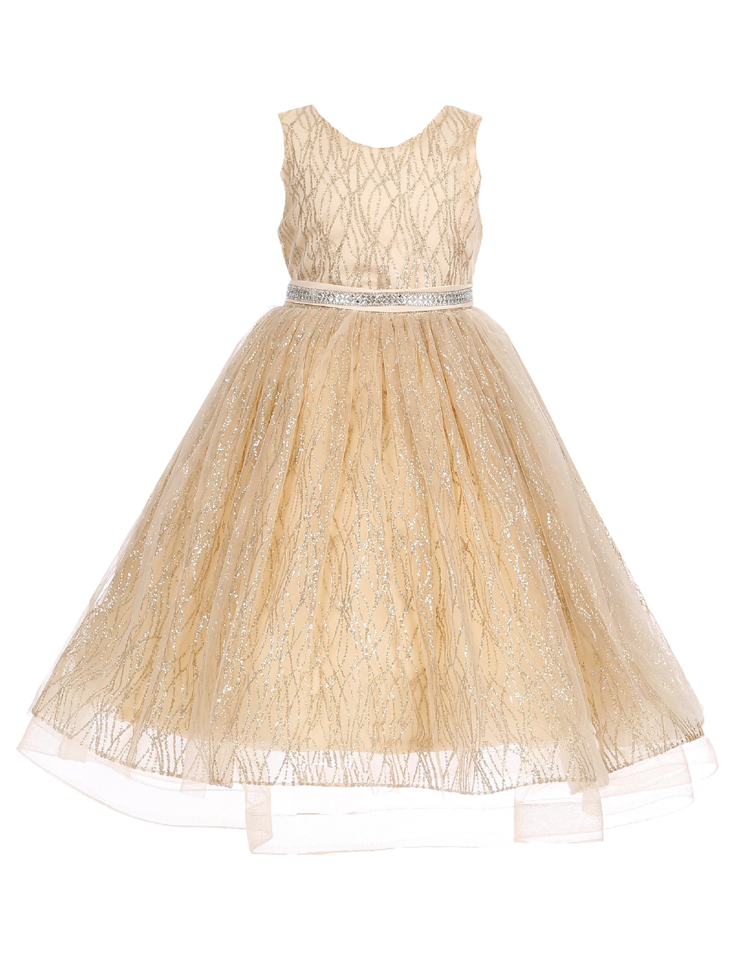 Big Girls Champagne Gold Glitter Tulle Sleeveless Junior Bridesmaid Dress 8-14