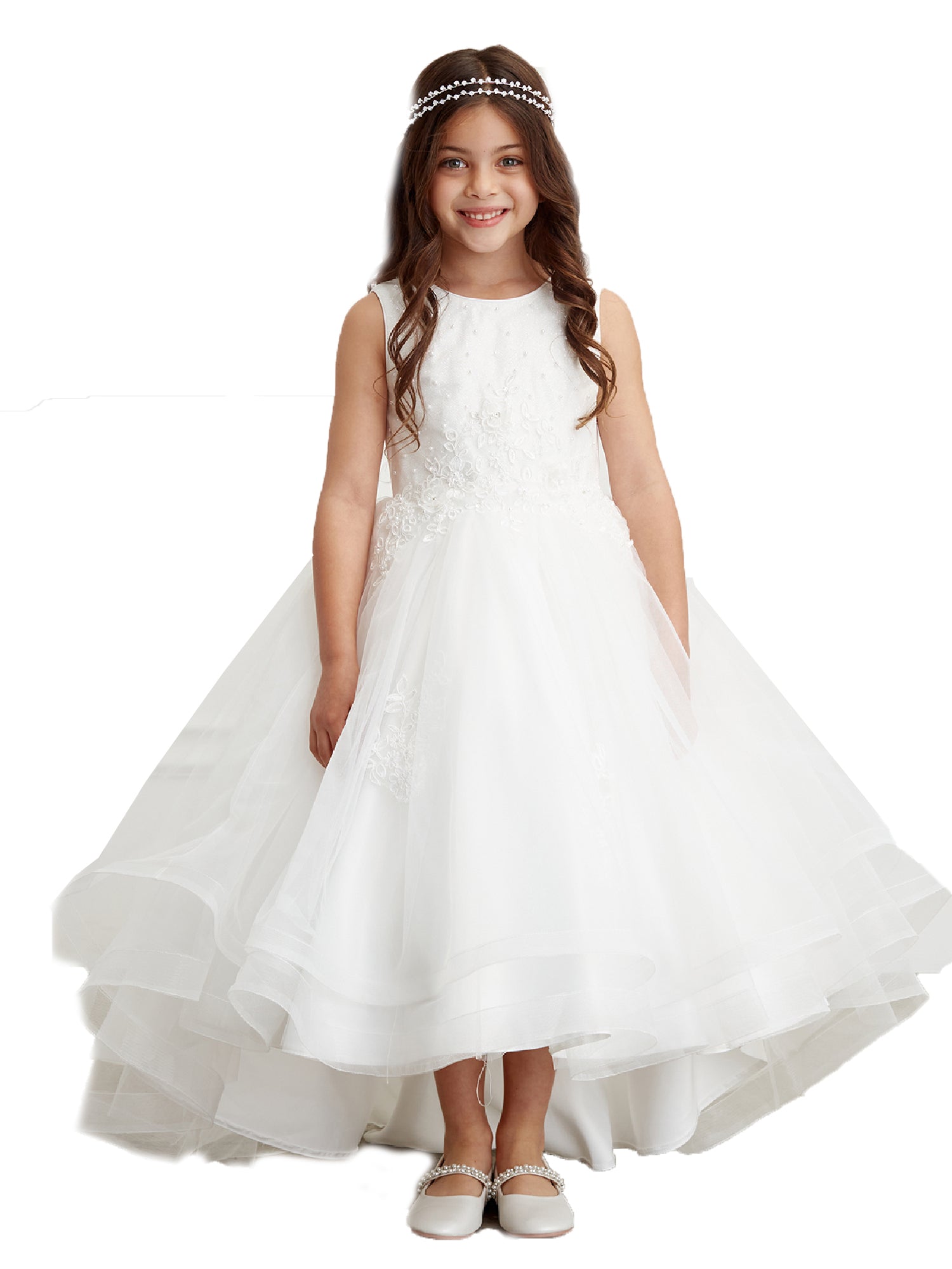 Big Girls Ivory Pearl Rhinestone Lace Tail Skirt Junior Bridesmaid Dress 8-16