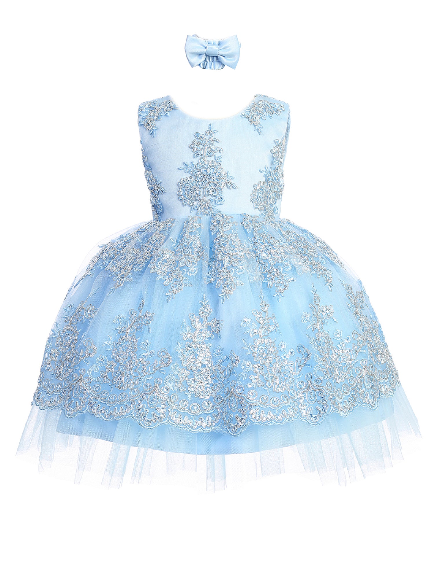 Baby Girls Sky Blue Metallic Lace Overlay Tulle Flower Girl Dress 6-24M