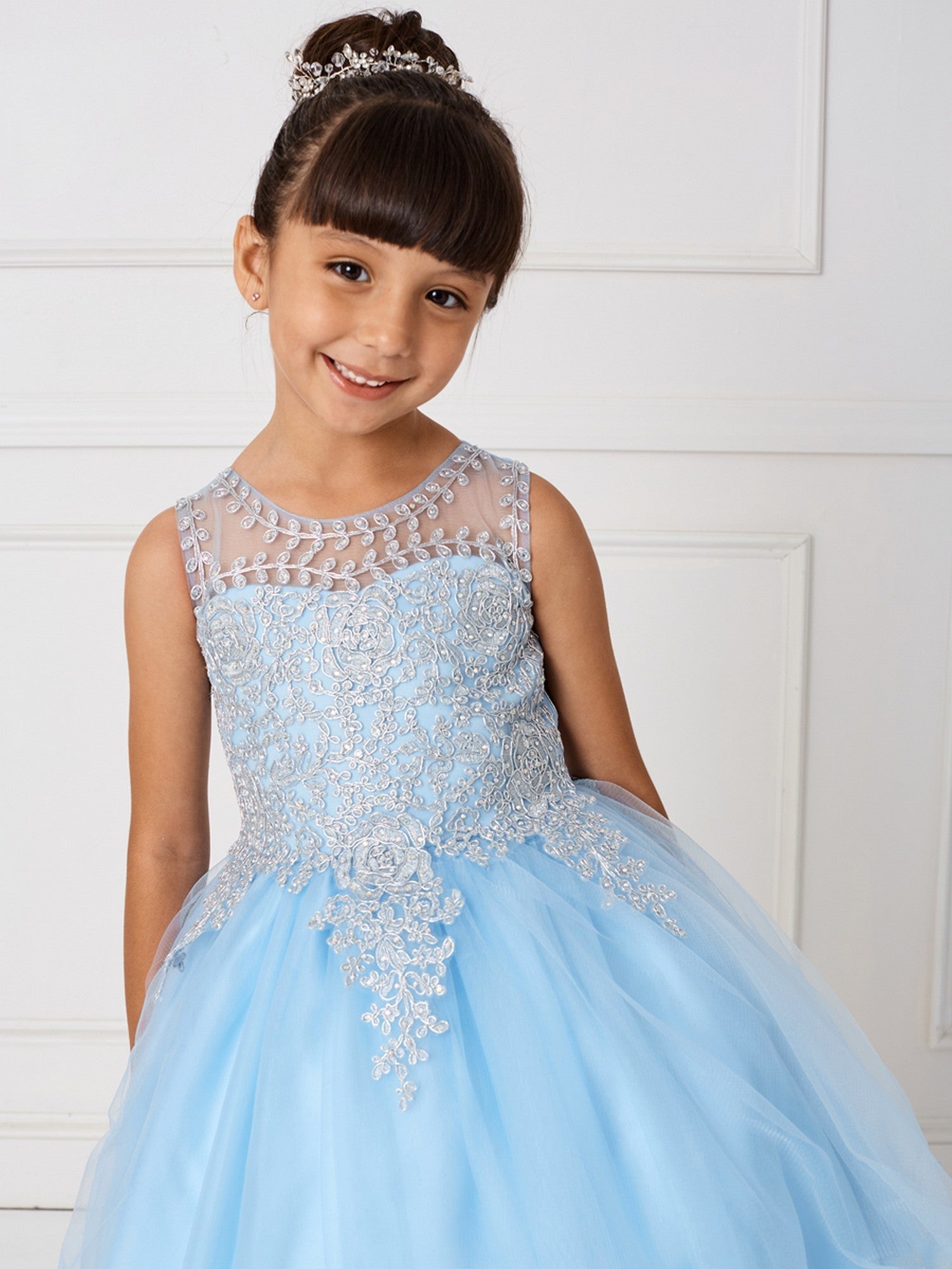 Little Girls Sky Blue Gold Lace Rhinestone Wired Tulle Flower Girl Dress 2-6