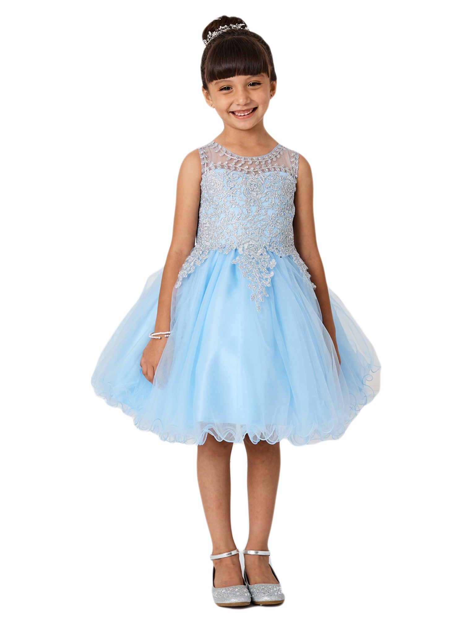 Little Girls Sky Blue Gold Lace Rhinestone Wired Tulle Flower Girl Dress 2-6