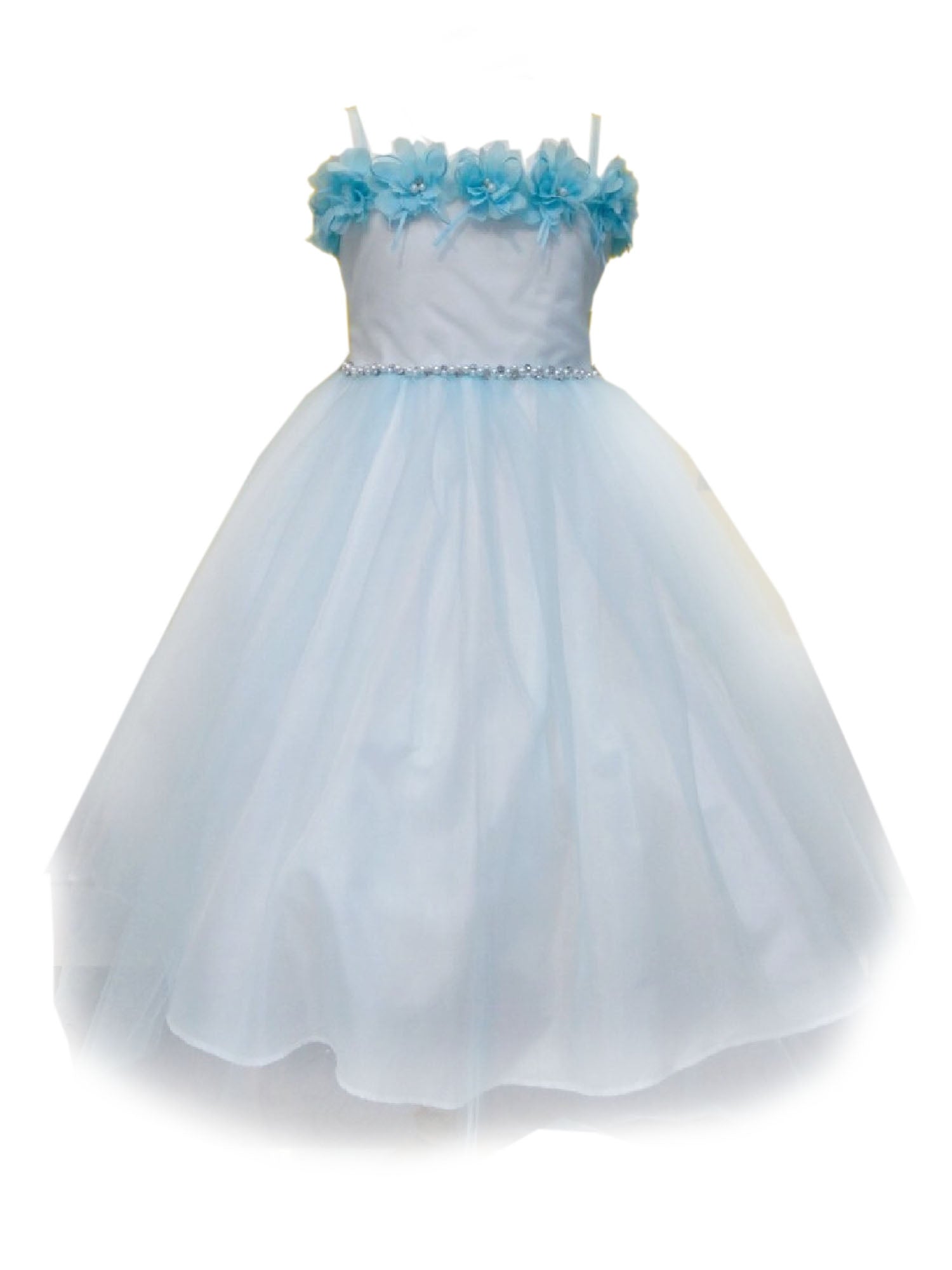 Big Girls Bahama Blue Floral Off Shoulder Tulle Junior Bridesmaid Dress 8-16