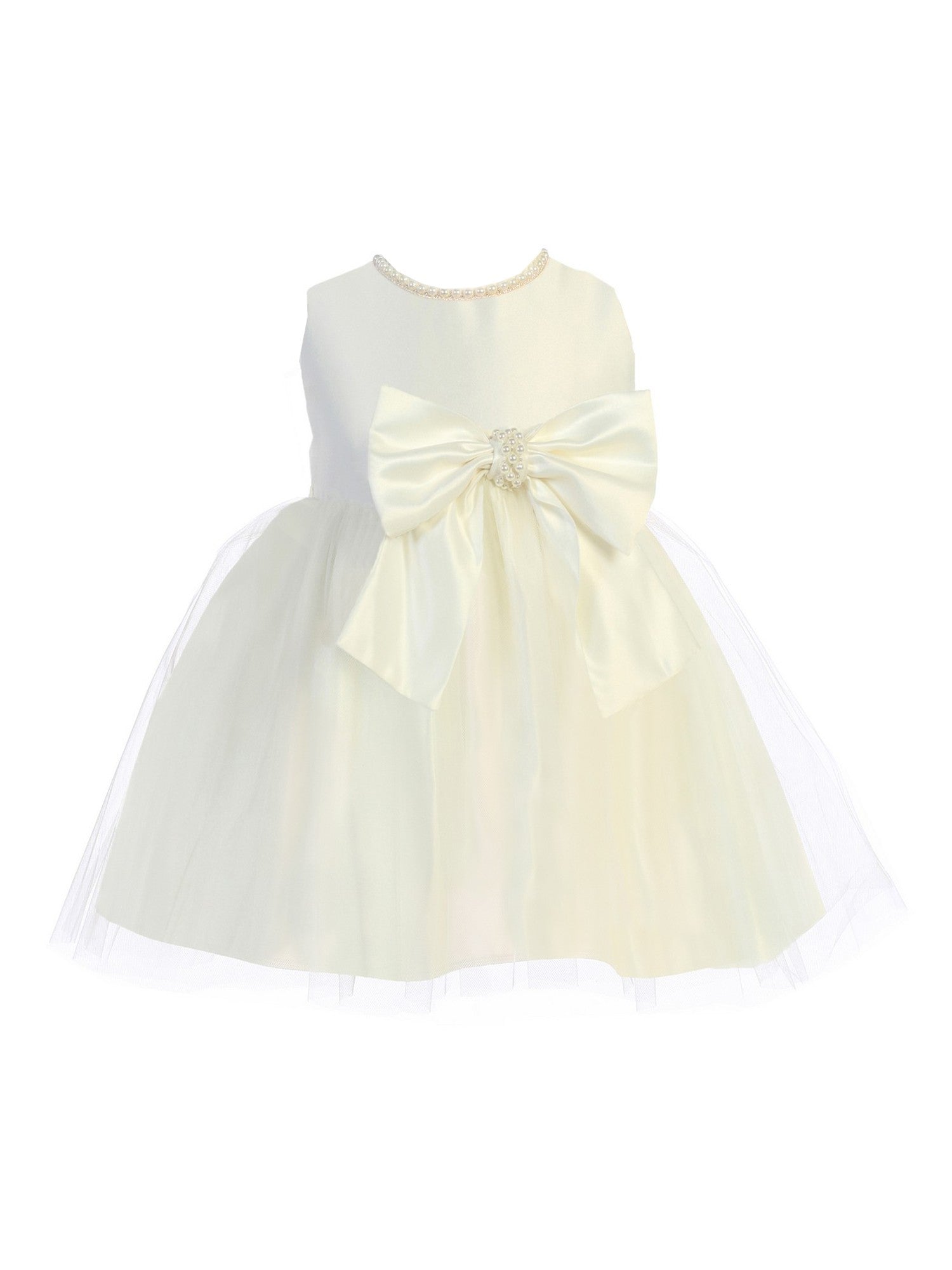 Baby Girls Ivory Satin Tulle Pearl Ribbon Flower Girl Dress 6-24M
