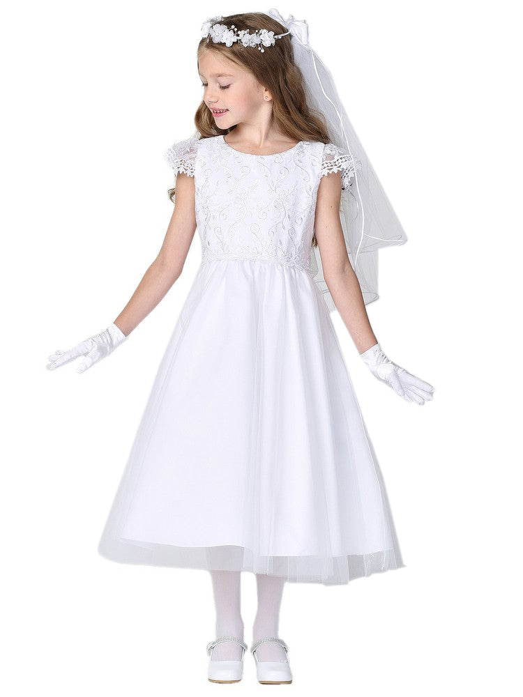 Girls White Embroidered Bodice Tulle Skirt Communion Dress 6-12
