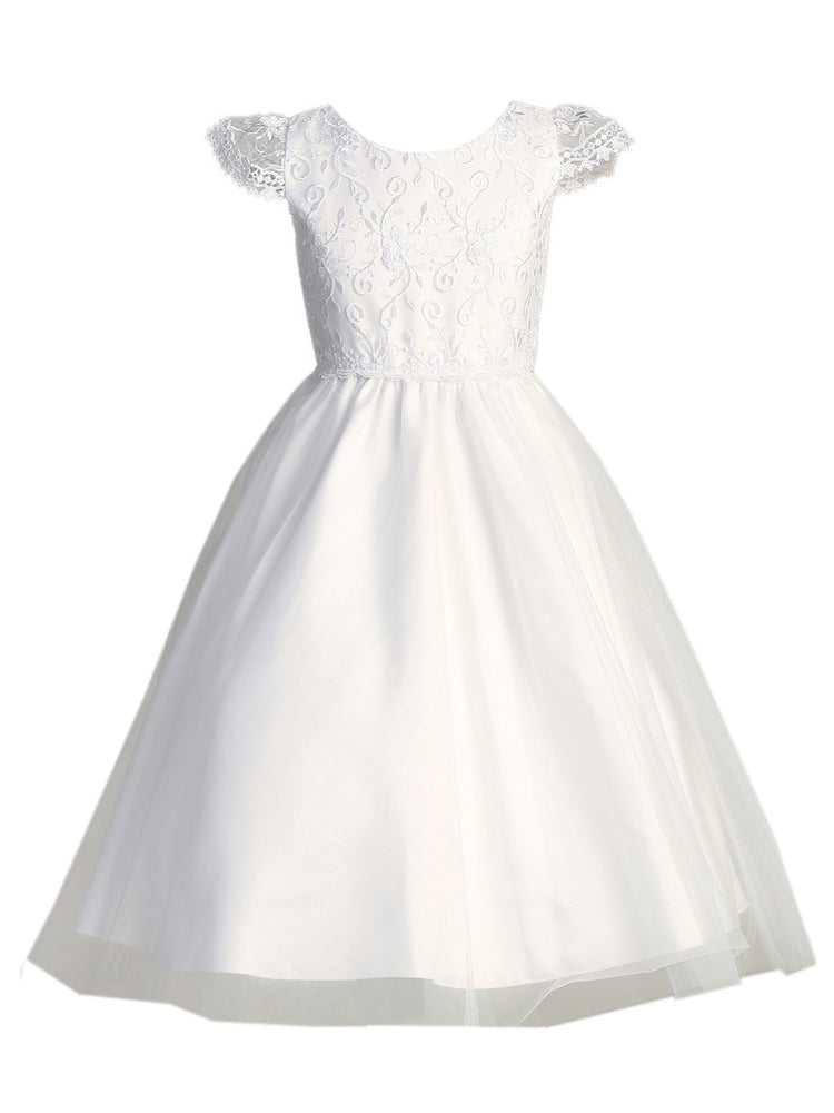 Girls White Embroidered Bodice Tulle Skirt Communion Dress 6-12