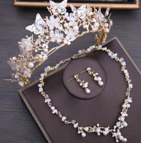 Luxury Crystal Floral Pearl Necklace Earrings Butterfly Tiara Wedding Jewelry Sets