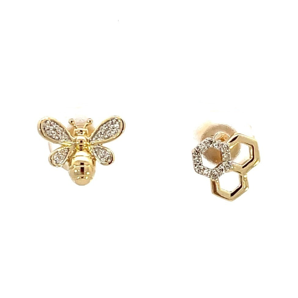 10K Yellow Gold Bumblebee and Honeycomb Earrings