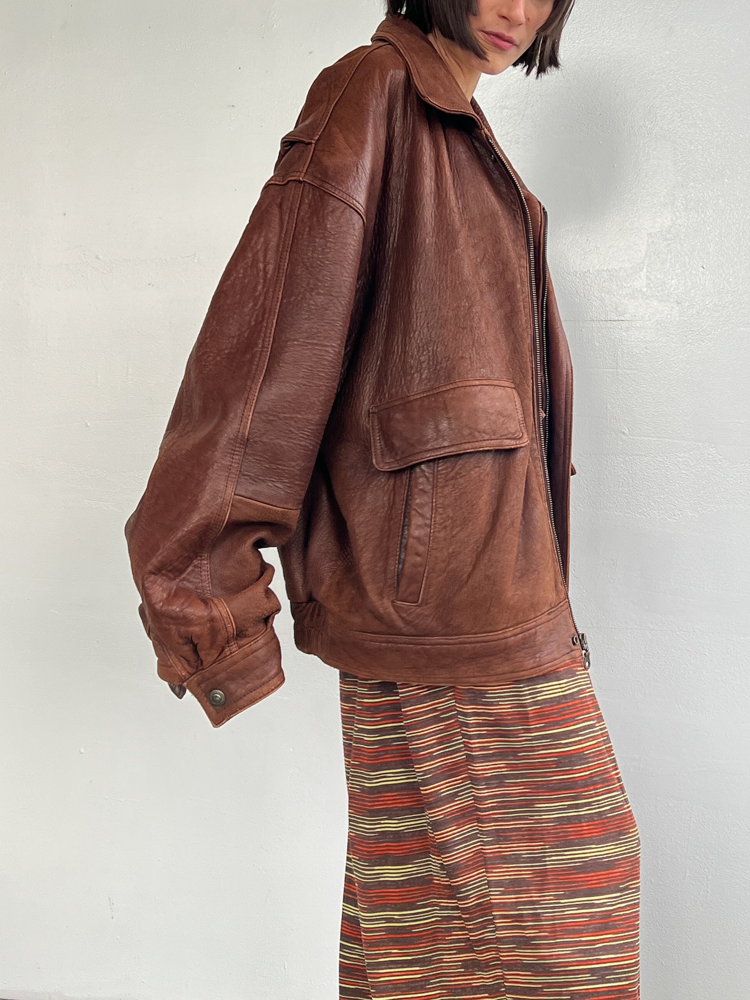 Umber Textured Leather Bomber (L)