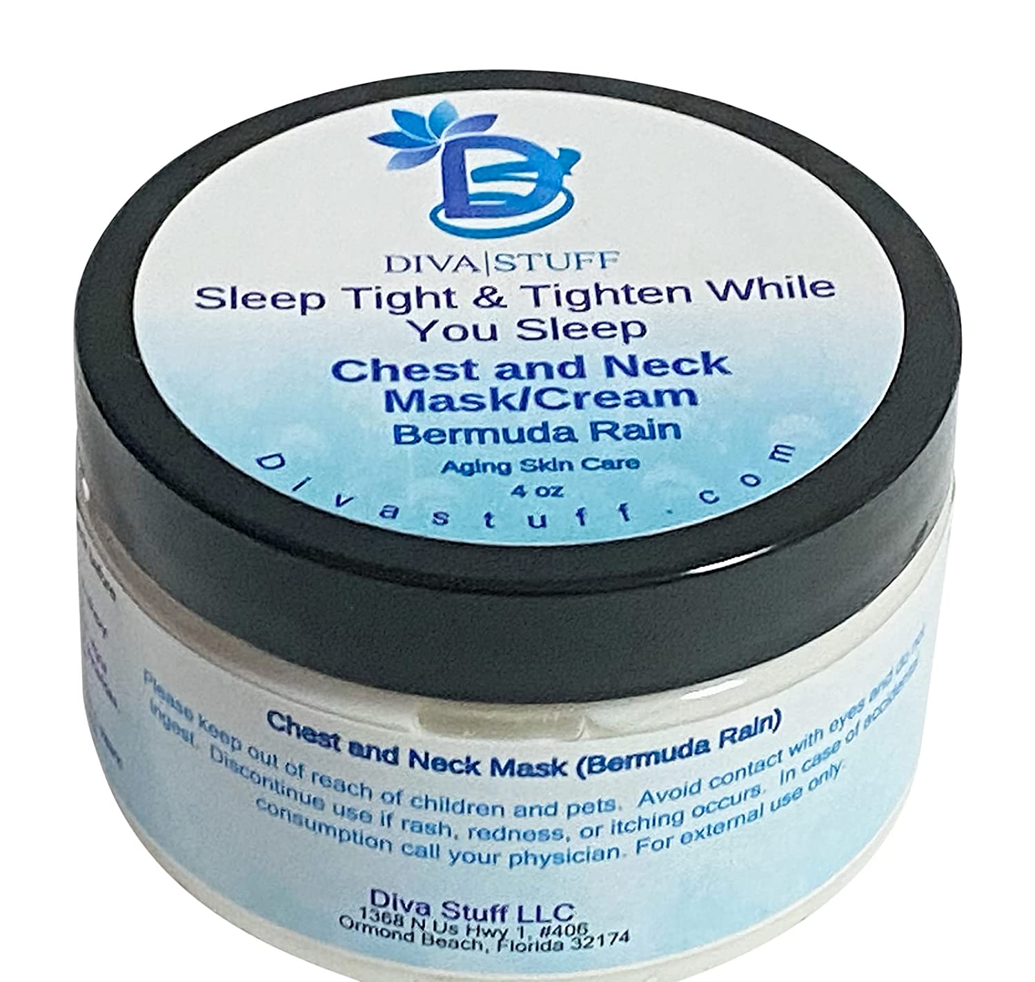 Sleep Tight and Tighten While You Sleep Chest and Neck Mask/Cream, With Hibiscus, Hyaluronic Acid,Firming Peptides, Black Goji Butter, Cranberry Enzymes and More, Bermuda Rain Scent, 4 oz By Diva Stuff