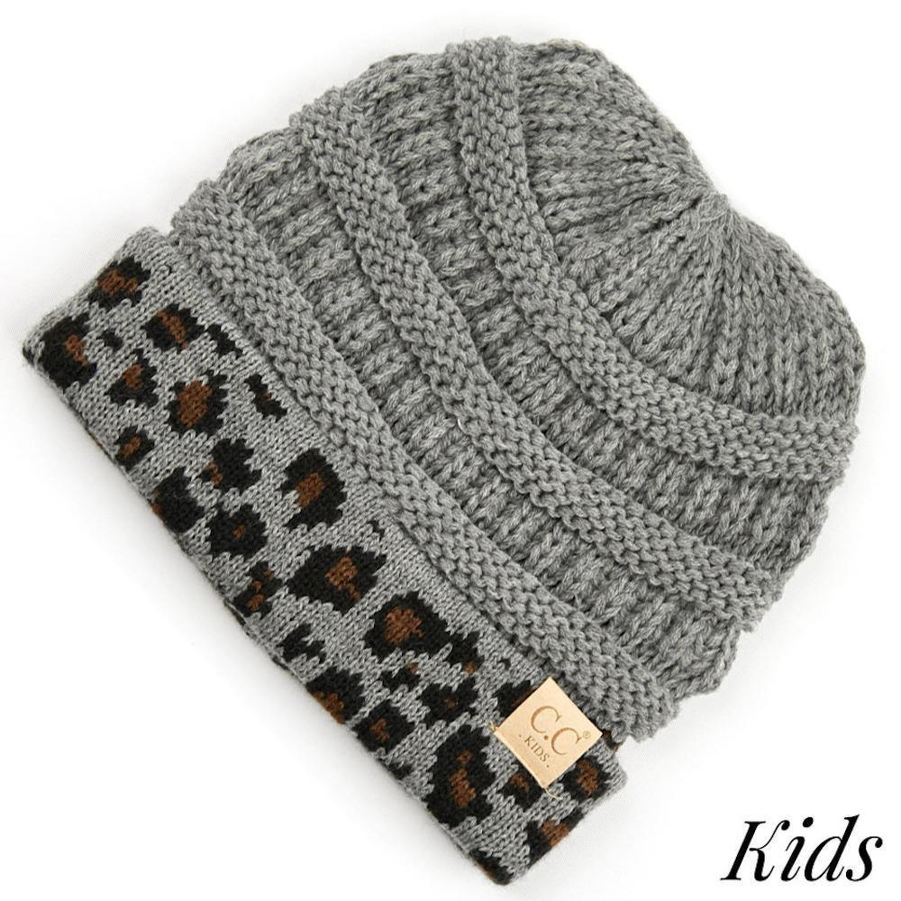 C.C Kids Light Melange Grey Beanie With Leopard Print