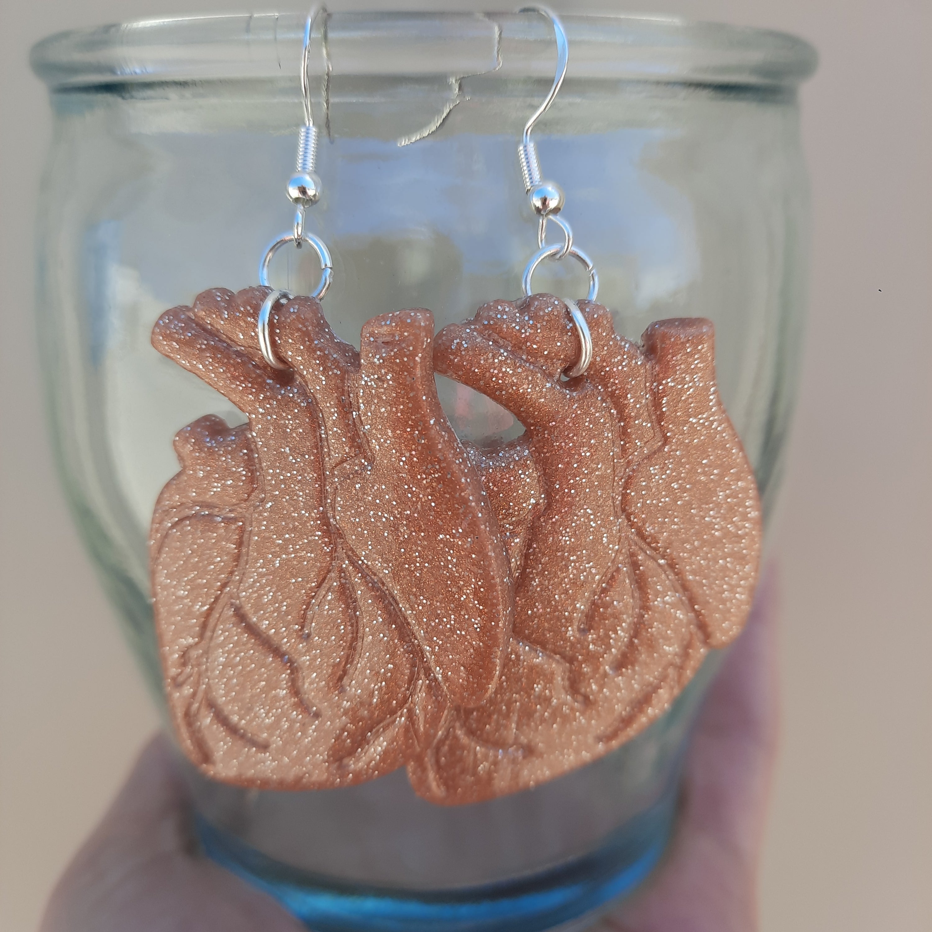 Anatomical Heart Earrings Rose Gold Glitter Handmade Polymer Clay
