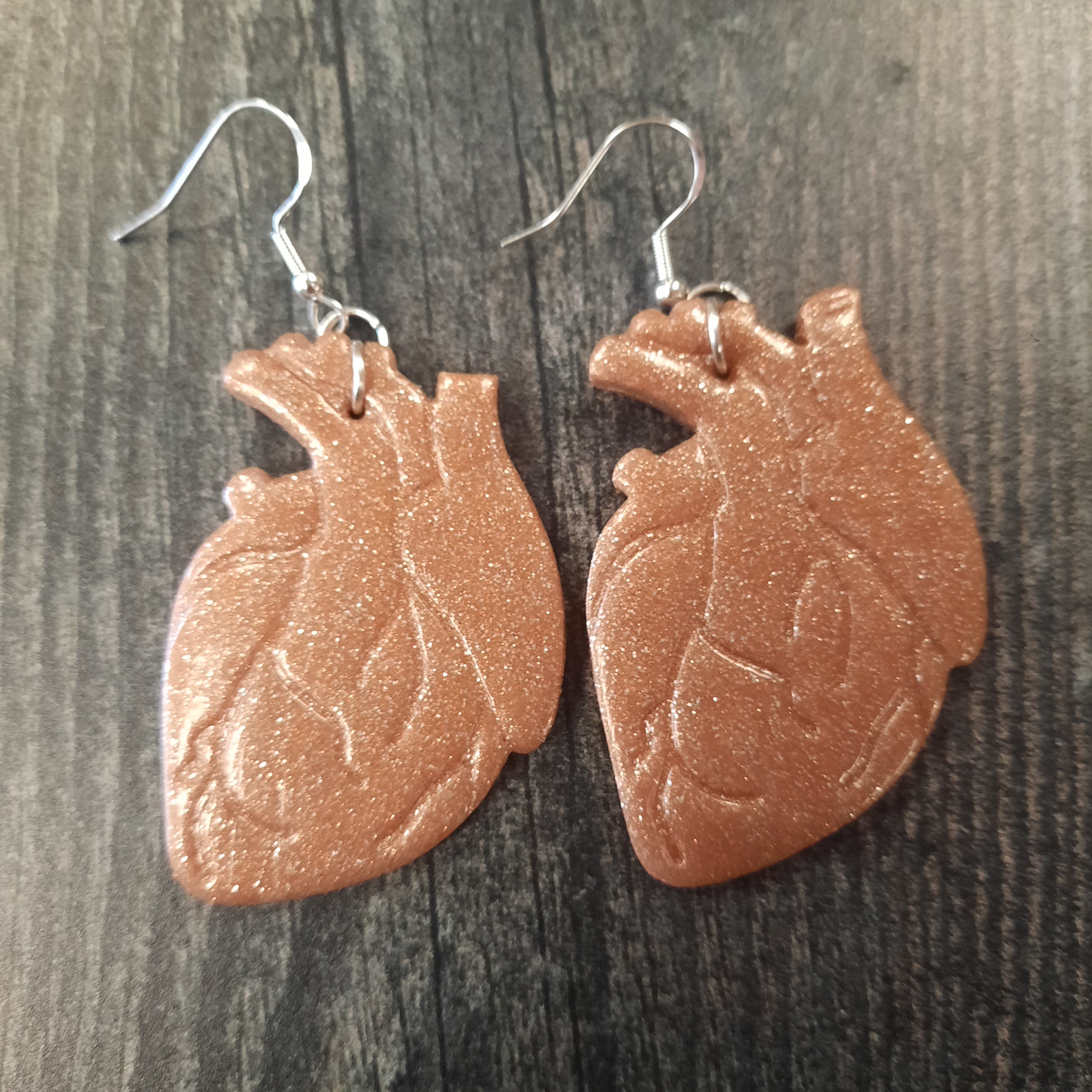 Anatomical Heart Earrings Rose Gold Glitter Handmade Polymer Clay