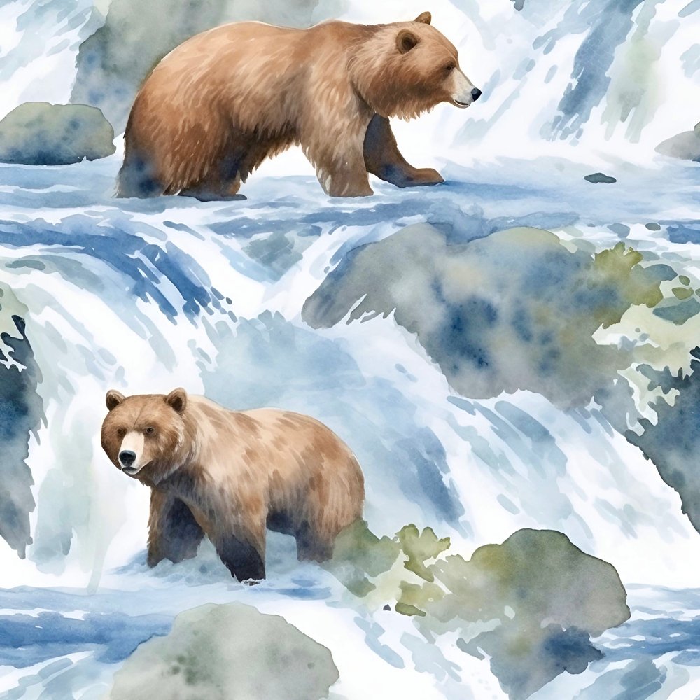 Grizzly Bears in River Pattern 1 Fabric