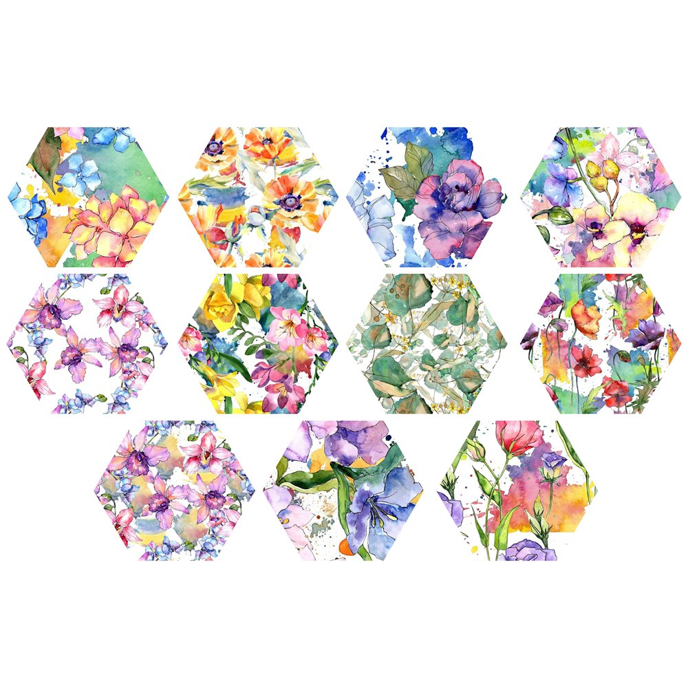 Laser Cut Hexie Aquarelle Florals - 11 Pieces