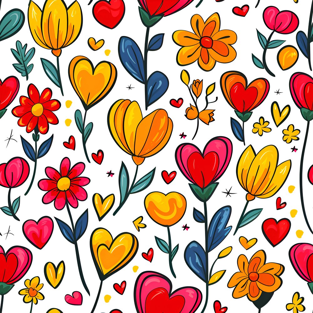 Sweet Floral Doodle Hearts Pattern 1 Fabric