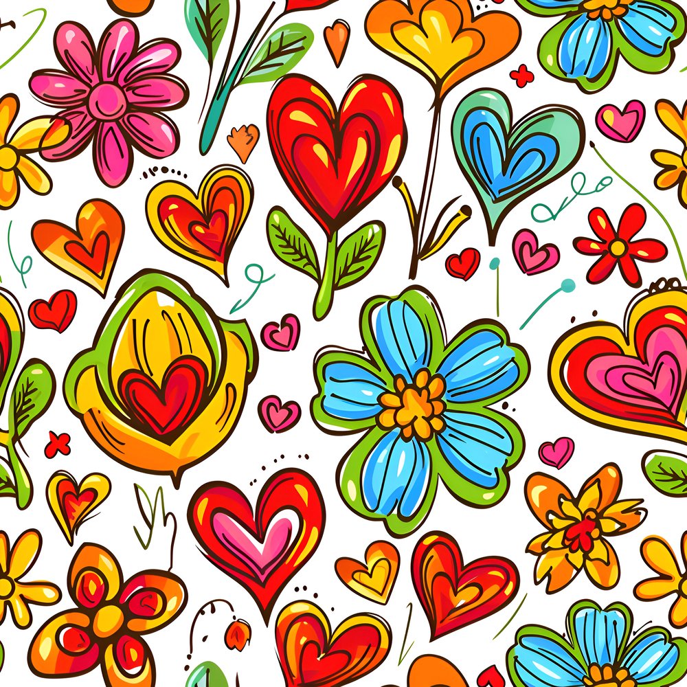 Sweet Floral Doodle Hearts Pattern 8 Fabric
