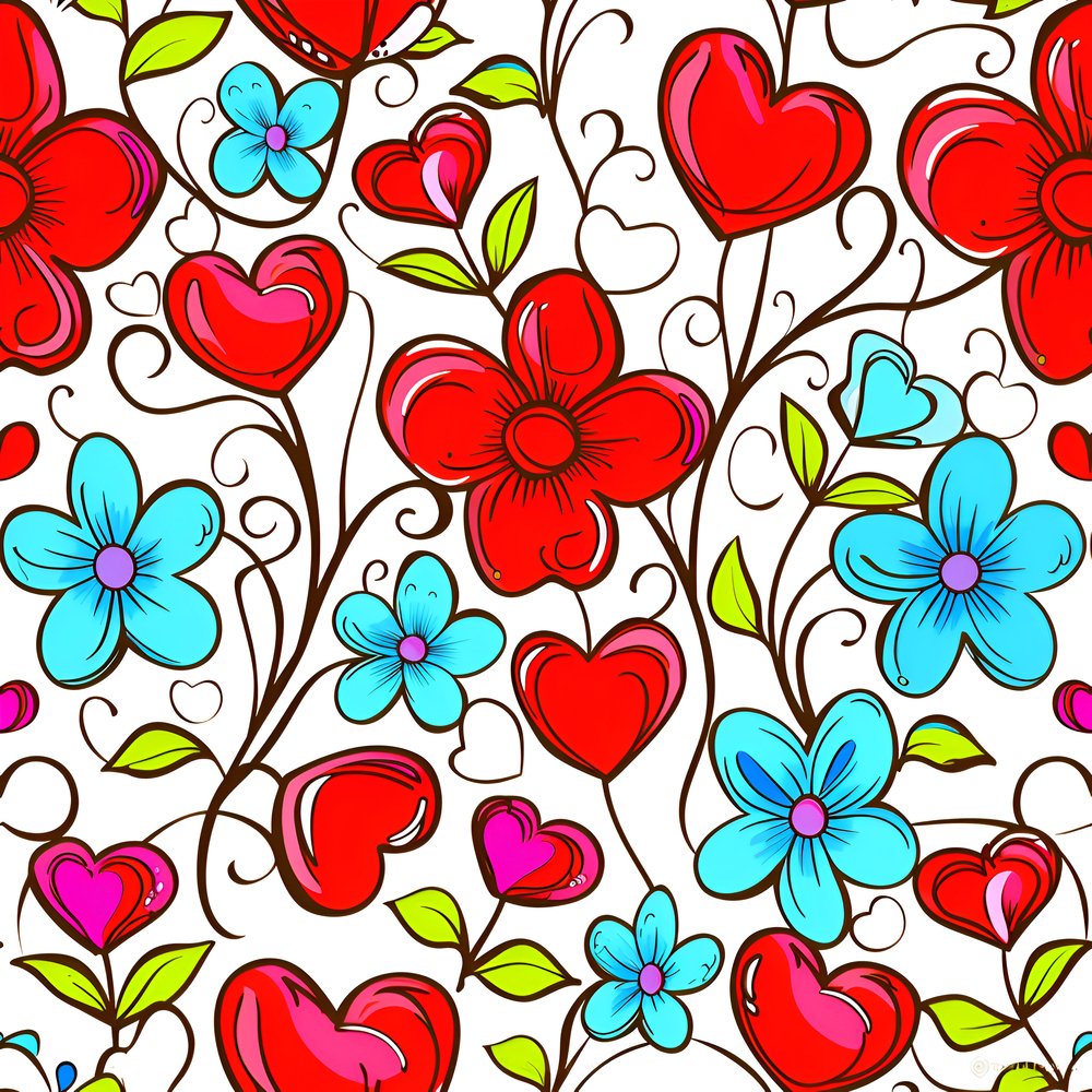 Sweet Floral Doodle Hearts Pattern 9 Fabric