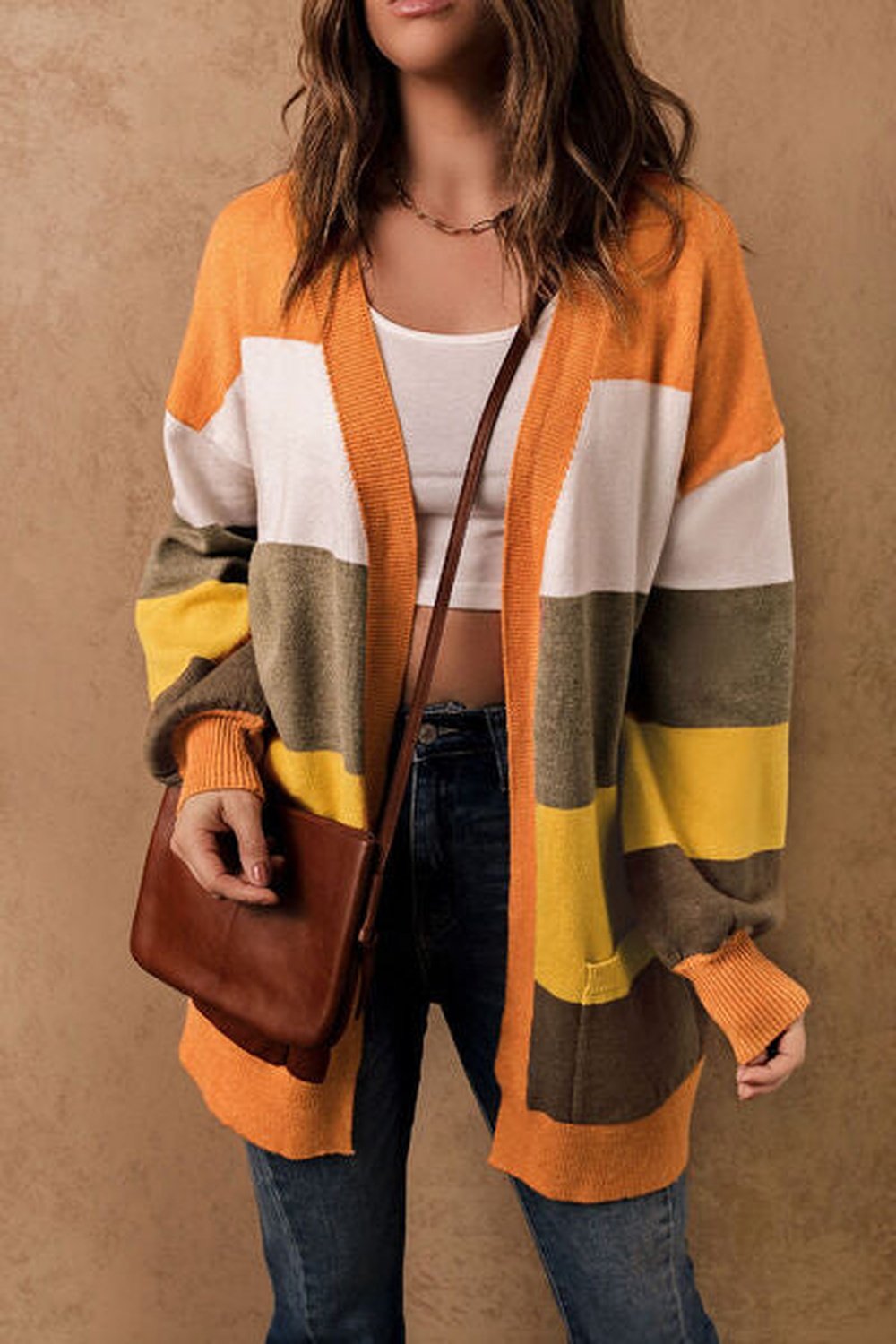 Color Block Lantern Sleeve Open Front Cardigan with Pockets