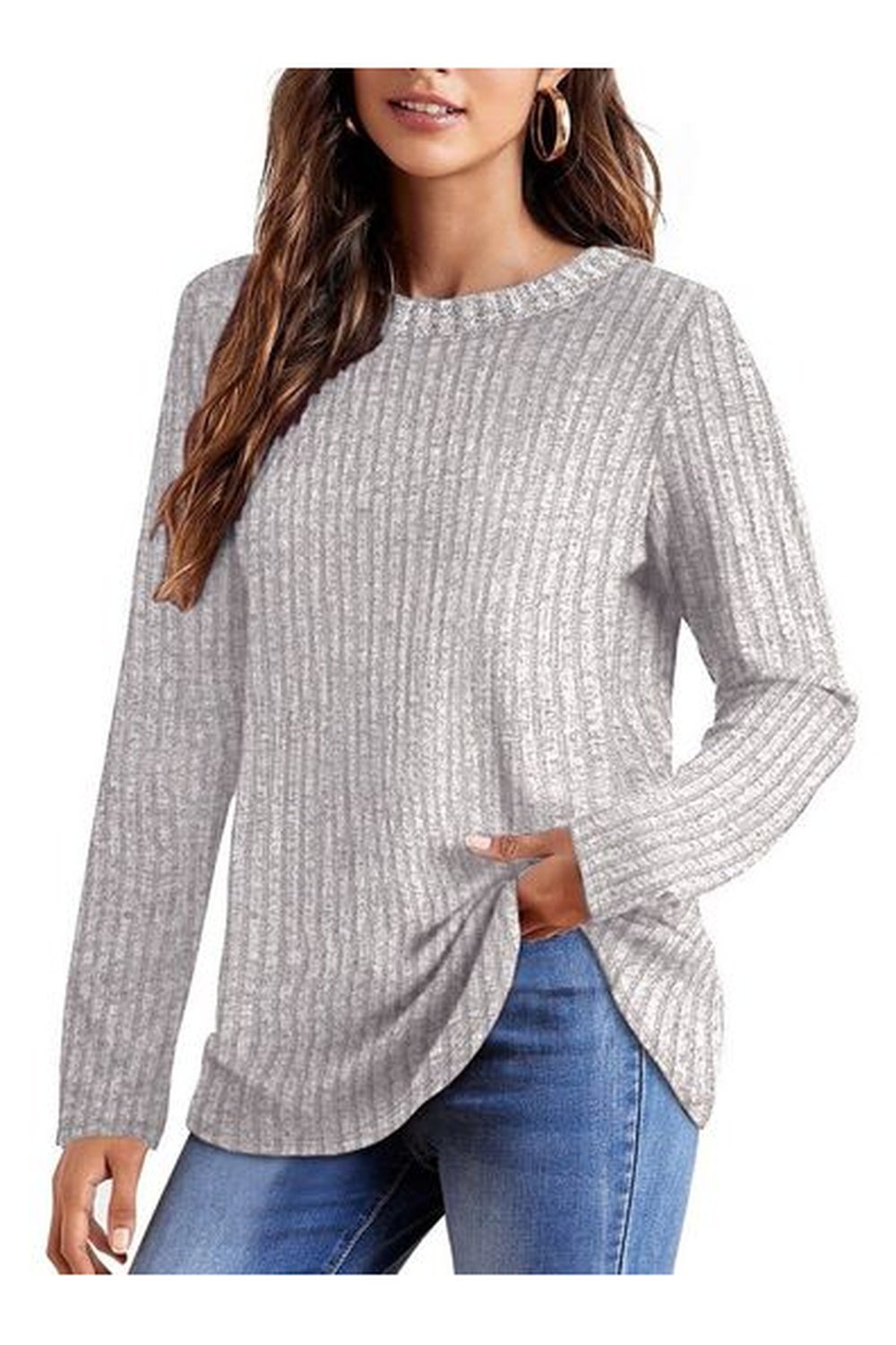 Ribbed Round Neck Long Sleeve Blouse