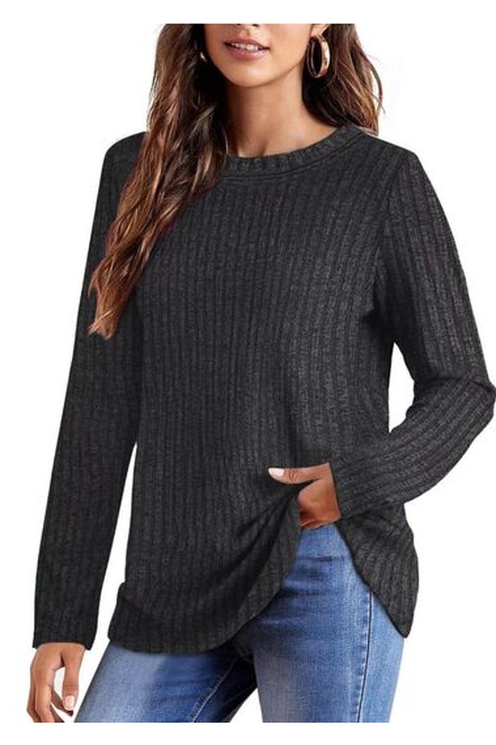 Ribbed Round Neck Long Sleeve Blouse