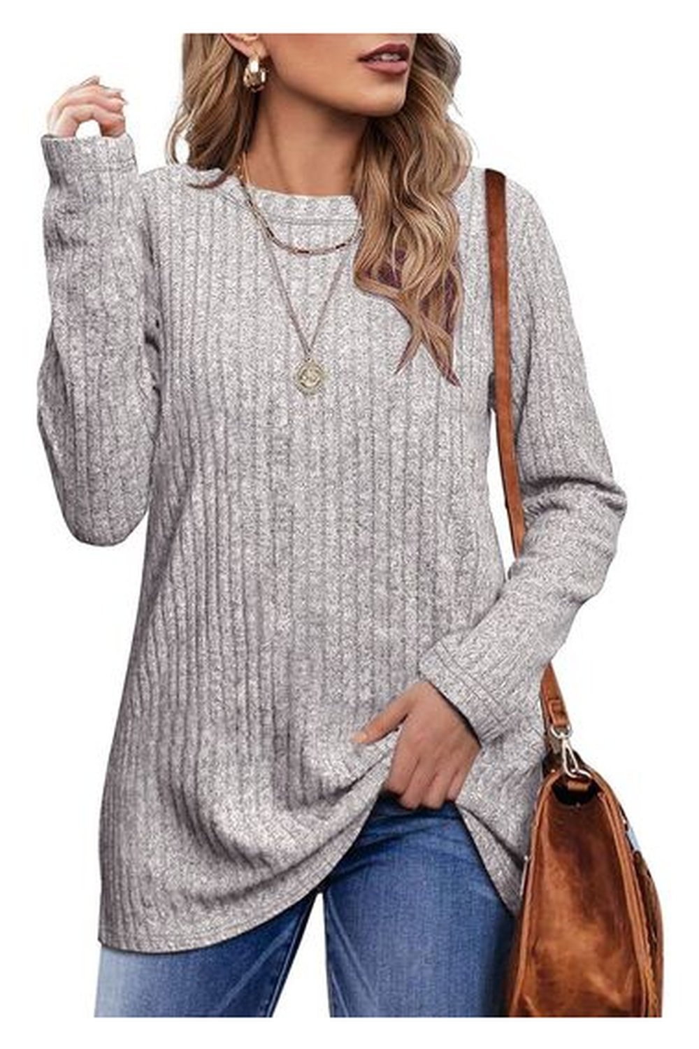 Ribbed Round Neck Long Sleeve Blouse