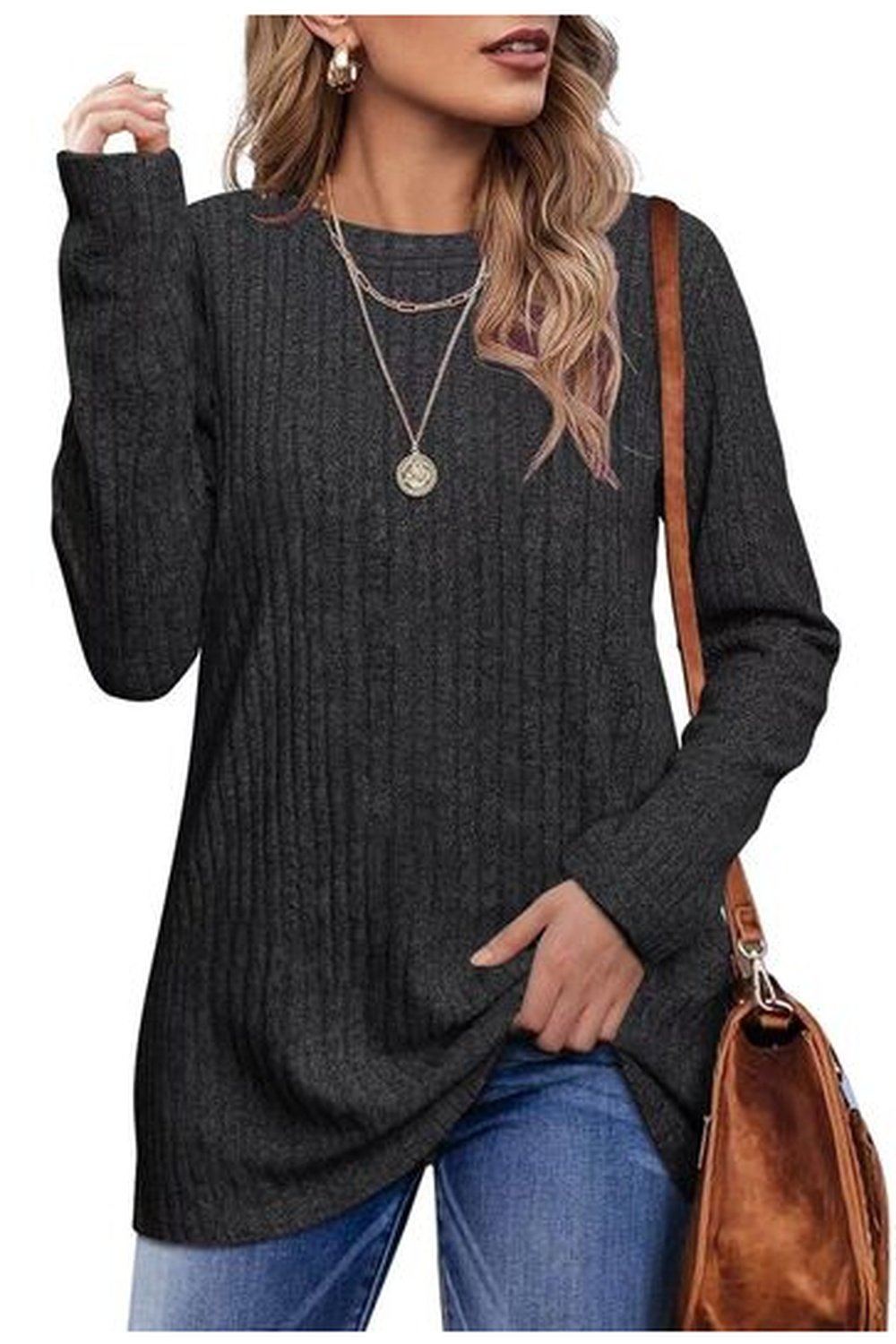 Ribbed Round Neck Long Sleeve Blouse