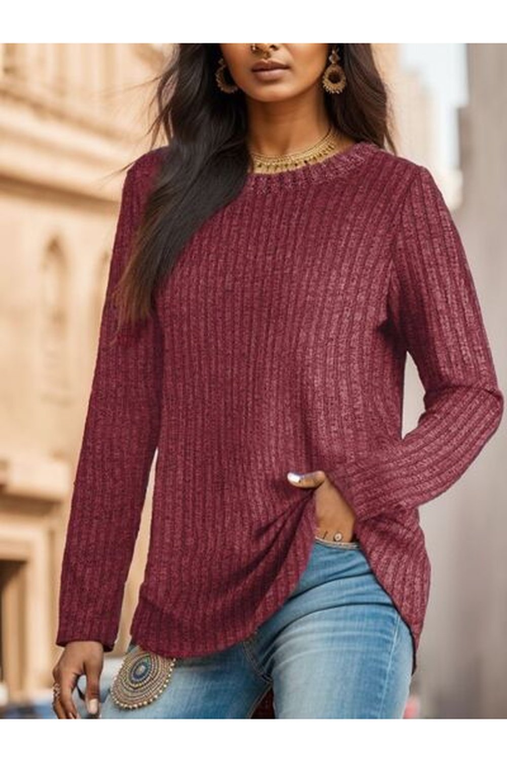 Ribbed Round Neck Long Sleeve Blouse