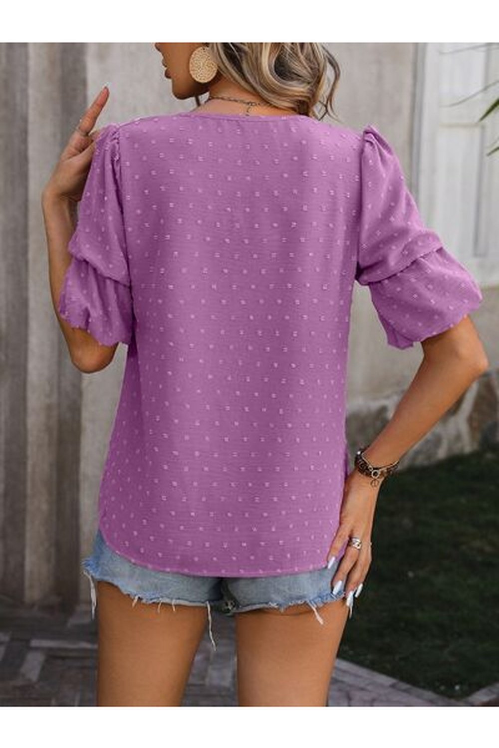 Swiss Dot V-Neck Short Sleeve Blouse