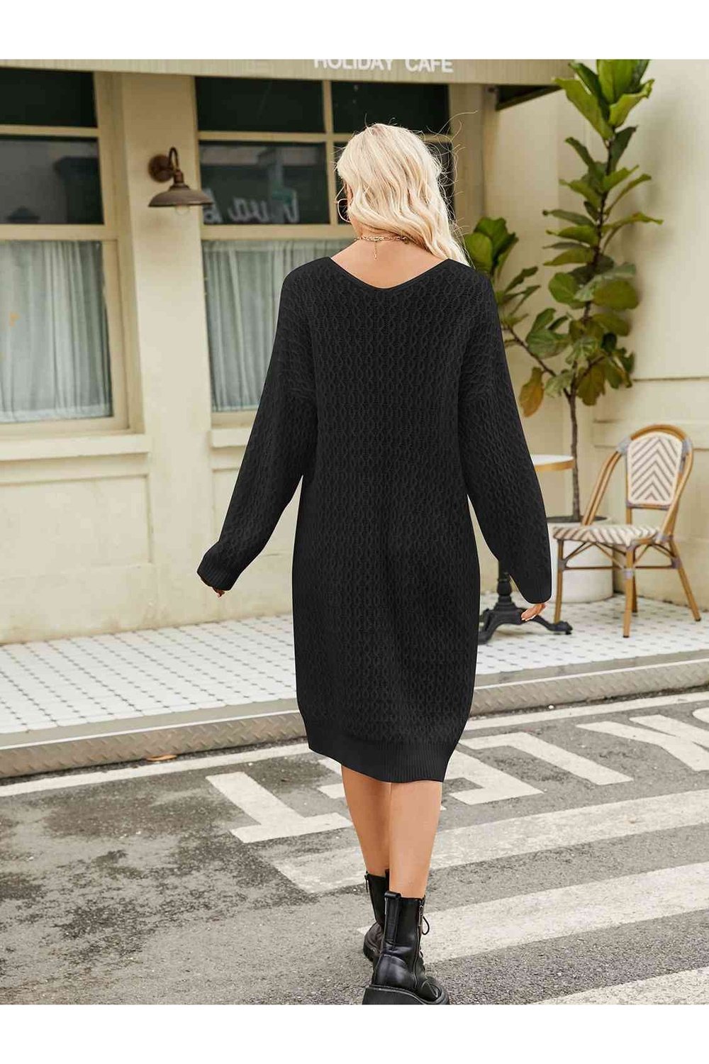 V-Neck Long Sleeve Sweater Dress