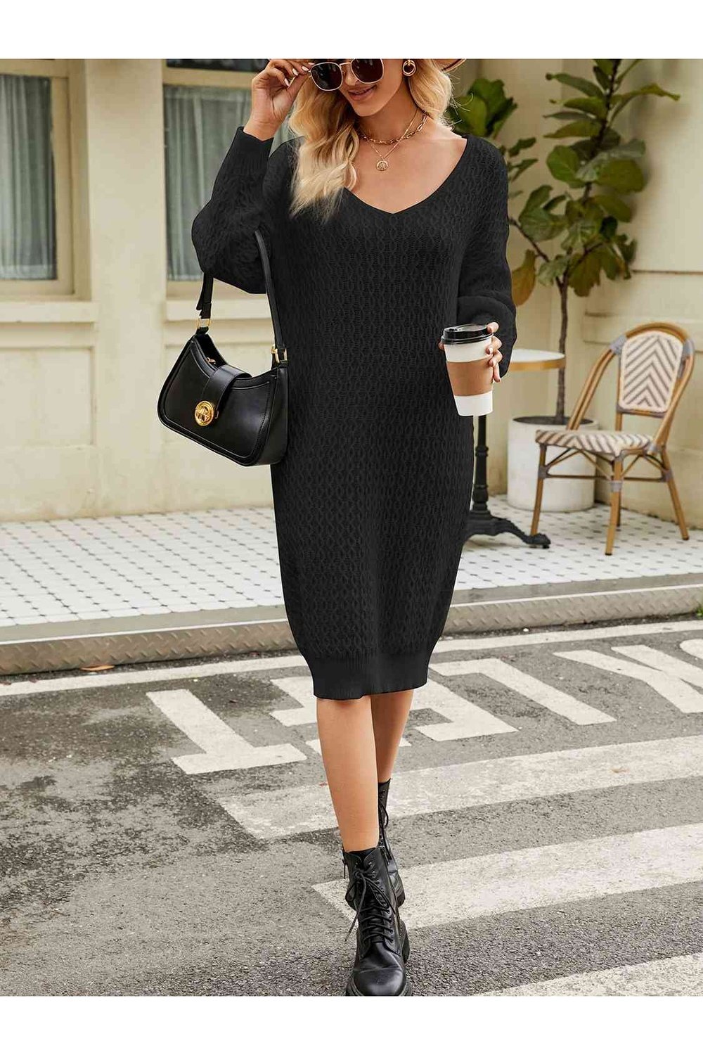 V-Neck Long Sleeve Sweater Dress