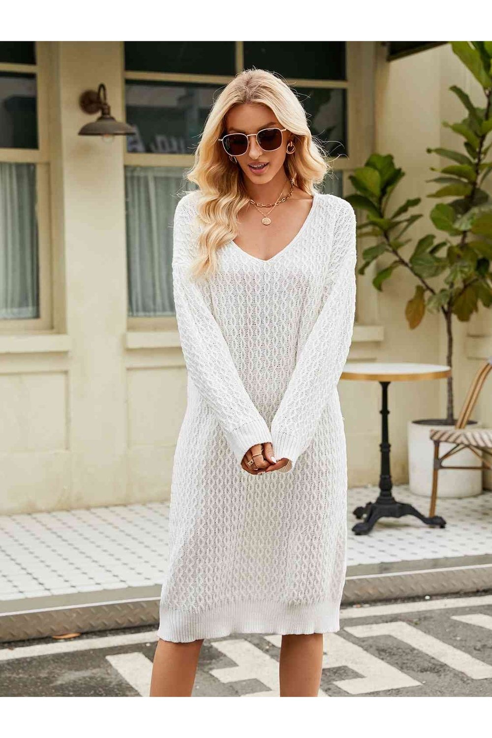 V-Neck Long Sleeve Sweater Dress