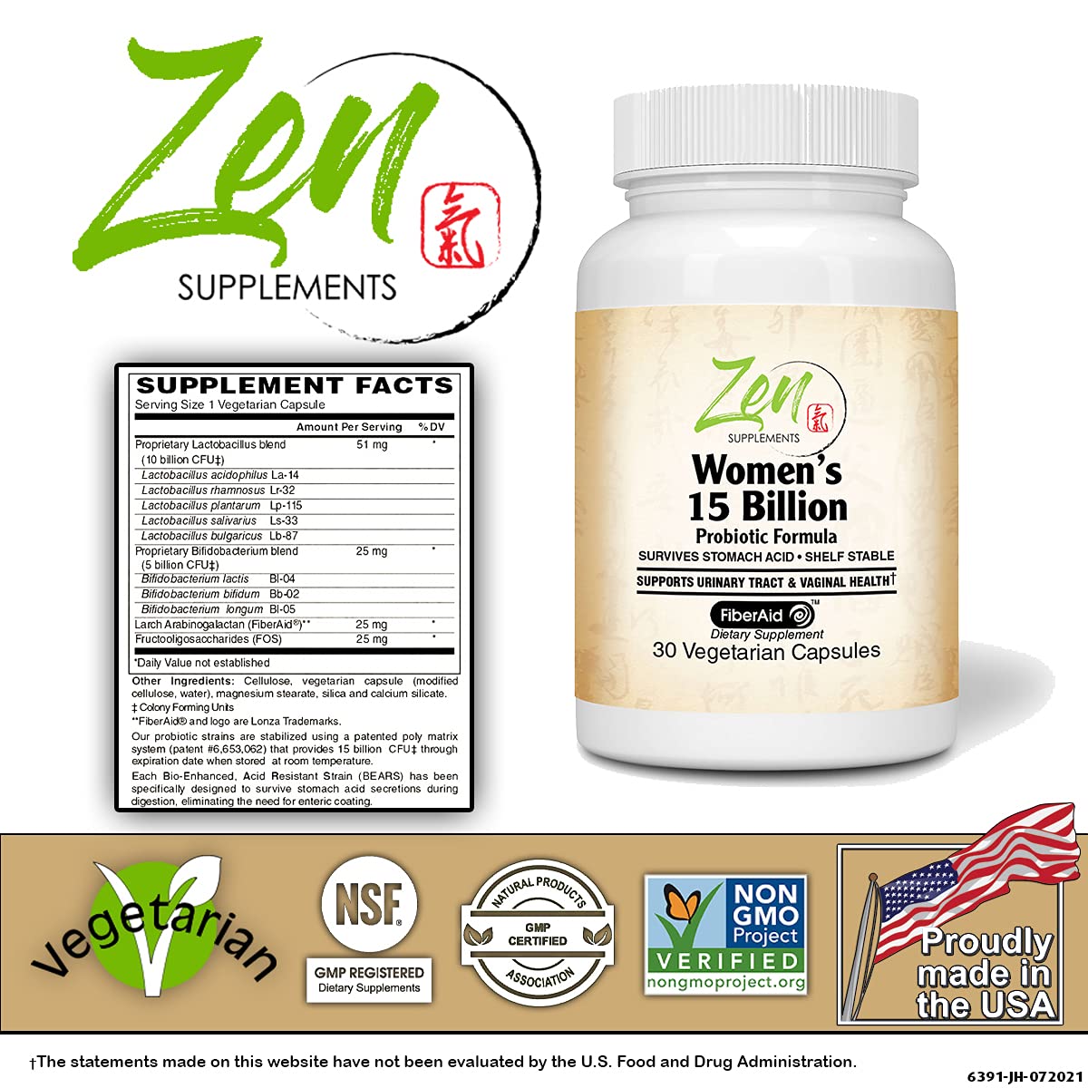 Zen Supplements - Womens 15 Billion Multi-Probiotic - Supports Urinary and Vaginal Health with Lactobacilli & Bifado Blended Strains Survives Stomach Acid, Shelf Stable 30-Vegcaps