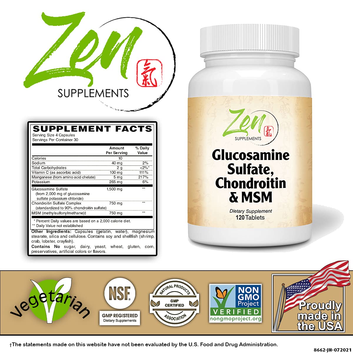 Zen Supplements - Glucosamine Sulfate, Chondroitin & MSM - Supports Healthy Joint Structure, Mobility Function & Comfort 120-Caps