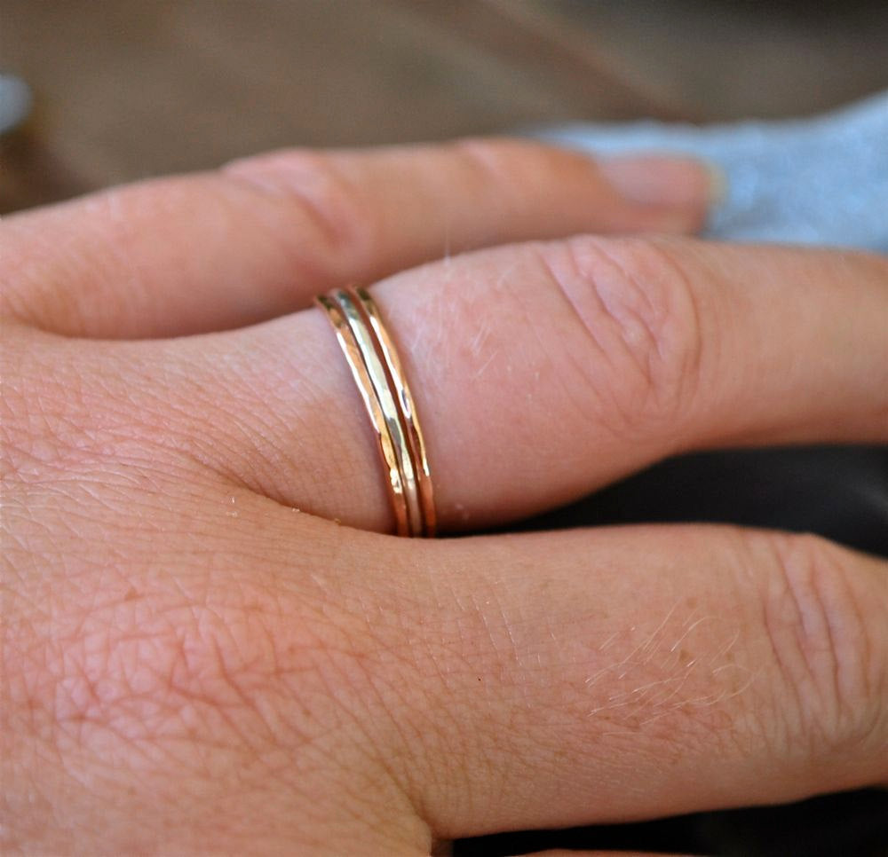 Twelve (12) Stack Rings in Rose gold, silver, gold -- Skinny Stacks 12 rings