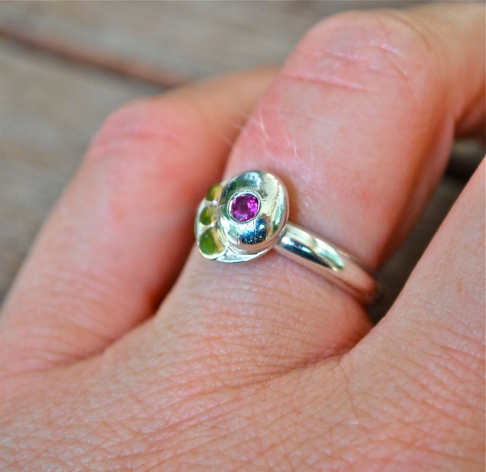 Pink Garnet Freeform Pebble Ring in Recycled Sterling Silver and 14k Yellow Gold