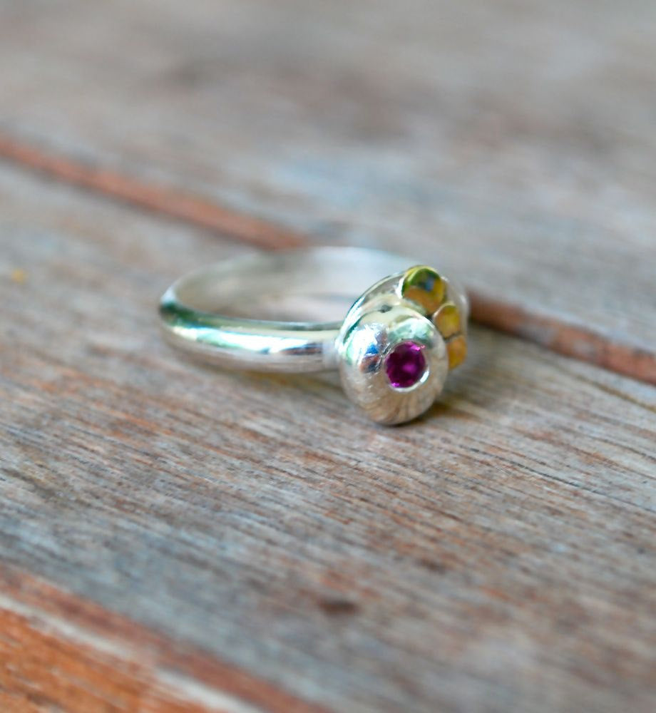 Pink Garnet Freeform Pebble Ring in Recycled Sterling Silver and 14k Yellow Gold