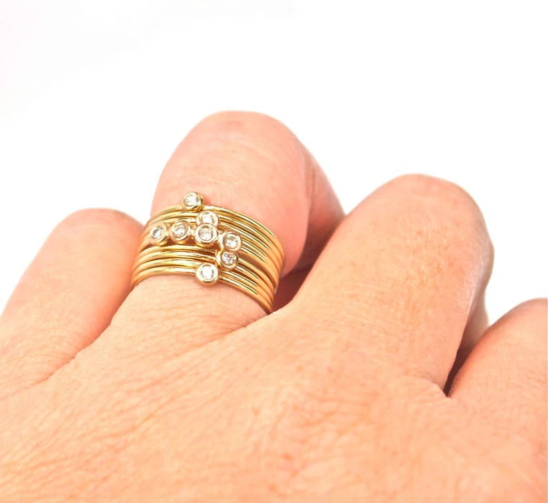 Stack Ring-Diamond Pebble Ring Stack Set-Birthtone Stack Rings-Recycled Gold