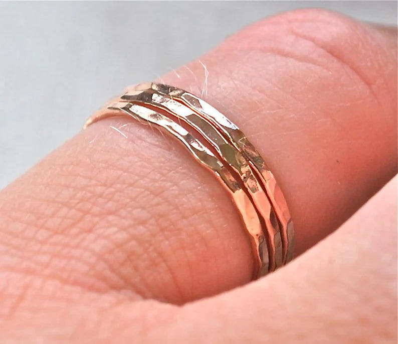 Hammered Shiny Faceted Rose Gold Filled Stacking Rings - The Skinny Stack Recycled Metal Rings