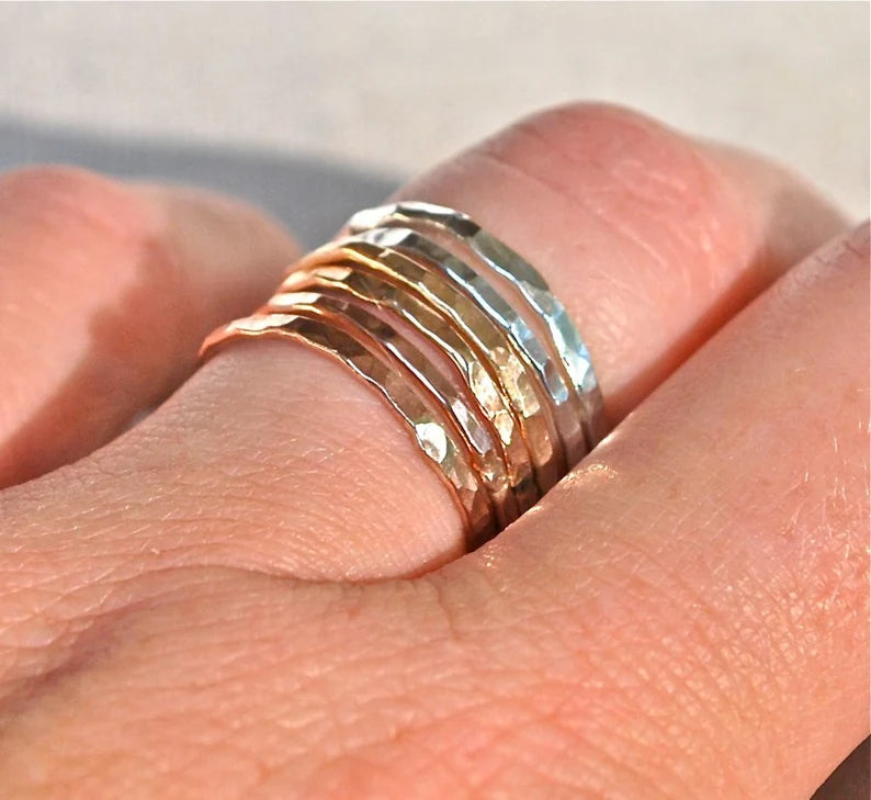 Hammered Shiny Faceted Rose Gold Filled Stacking Rings - The Skinny Stack Recycled Metal Rings