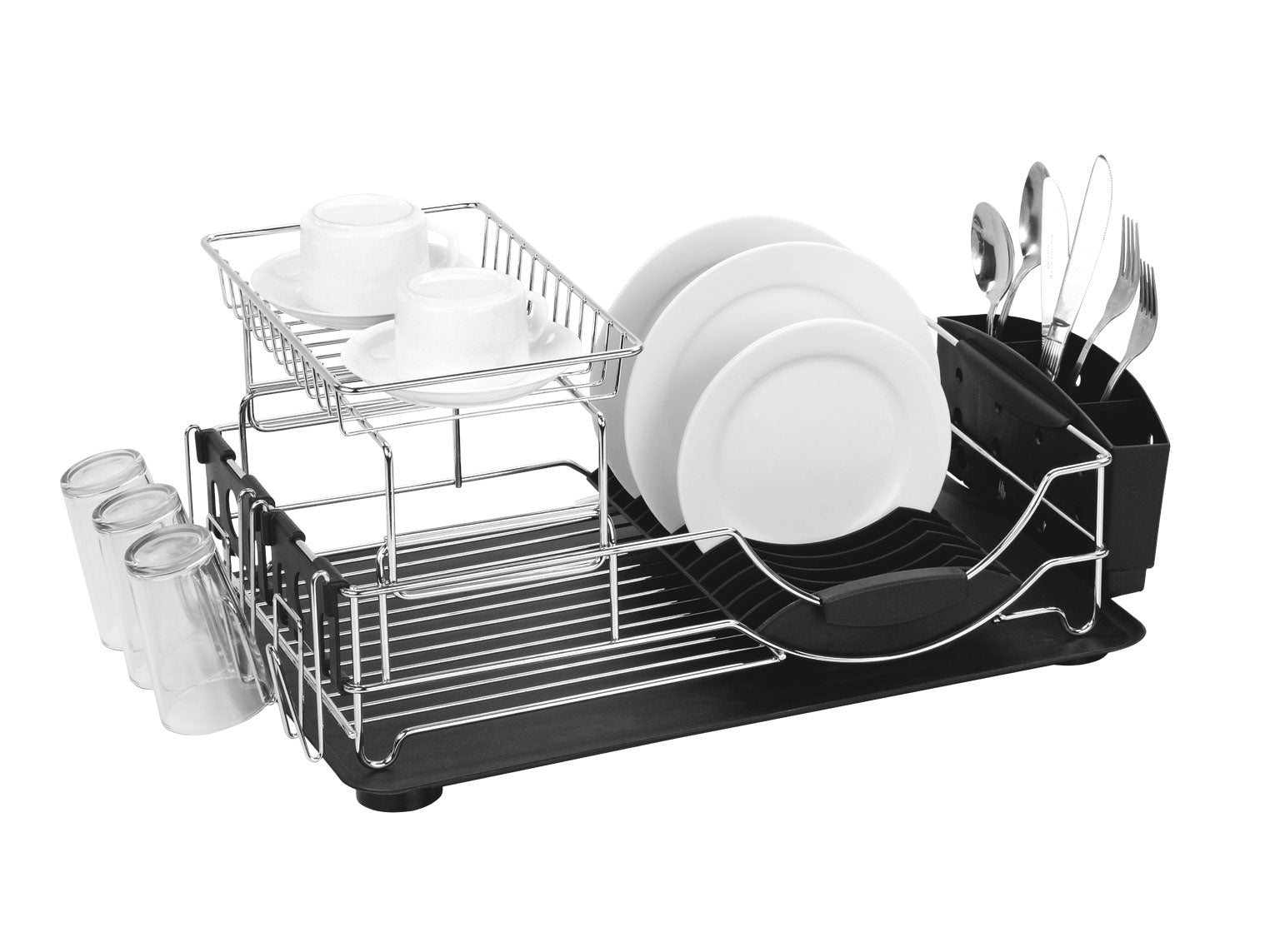 Home Basics 2 Tier Deluxe Chrome Dish Rack Drainer, Black, 20x13x10 Inches