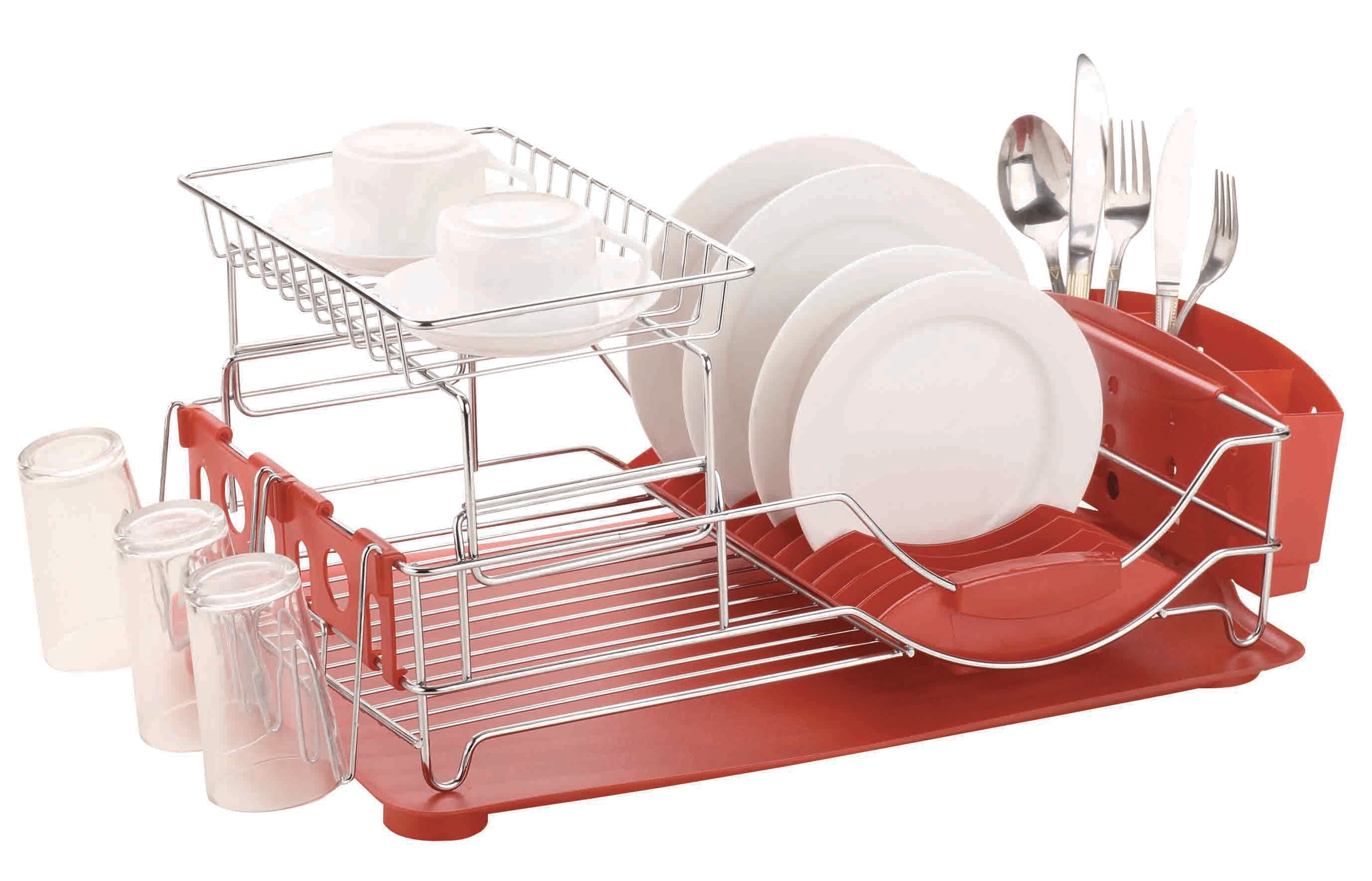 Home Basics 2 Tier Deluxe Chrome Dish Rack Drainer, Red, 20x13x10 Inches