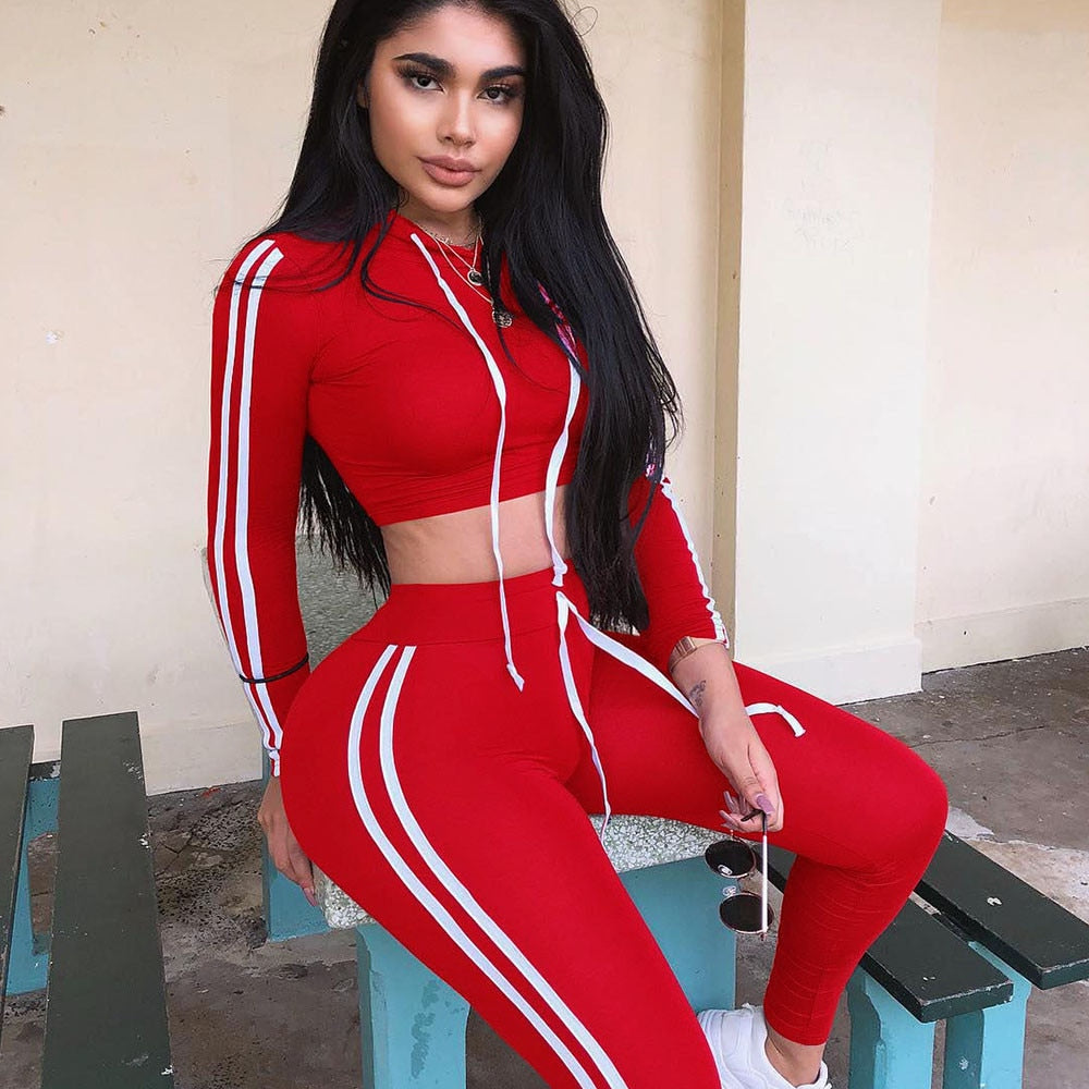 Side Striped Hoodies Cropped Tops and Pants Jogger Set