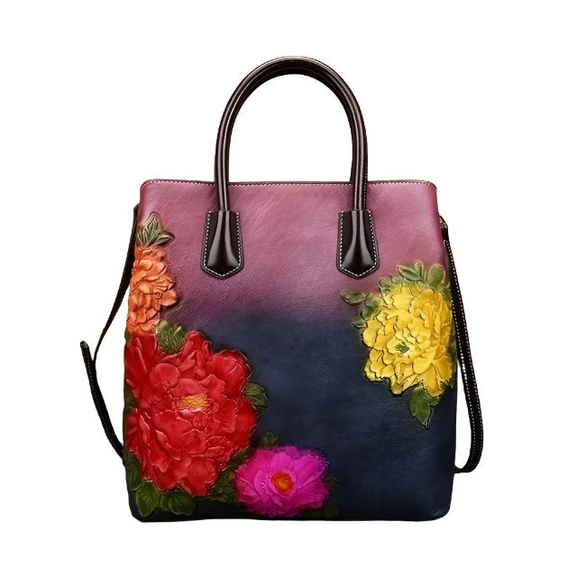 Handmade Floral Embossed Leather Handbag Tote Bag Luxury Shoulder Bags