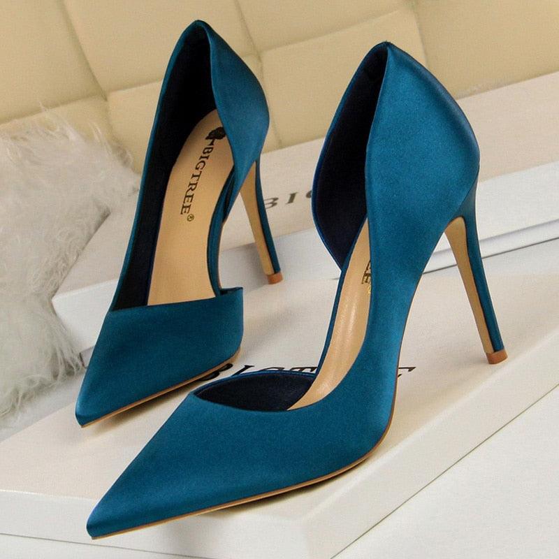 Black Blue Sliver Women Heels Silk High Heels Women Shoes...