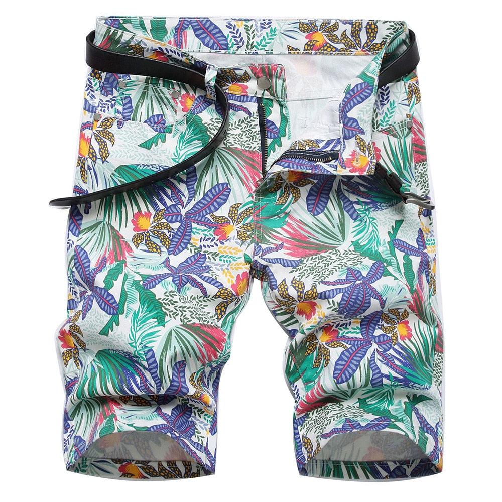 Mens Tropical Print Stretch Denim Shorts For Summer
